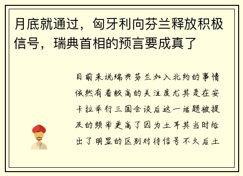 月底就通过,匈牙利向芬兰释放积极信号,瑞典首相的预言要成真了