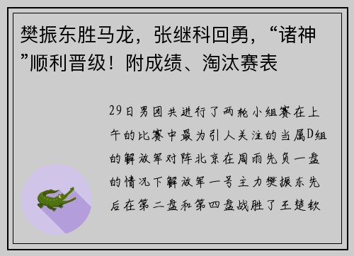 樊振东胜马龙,张继科回勇,“诸神”顺利晋级!附成绩、淘汰赛表